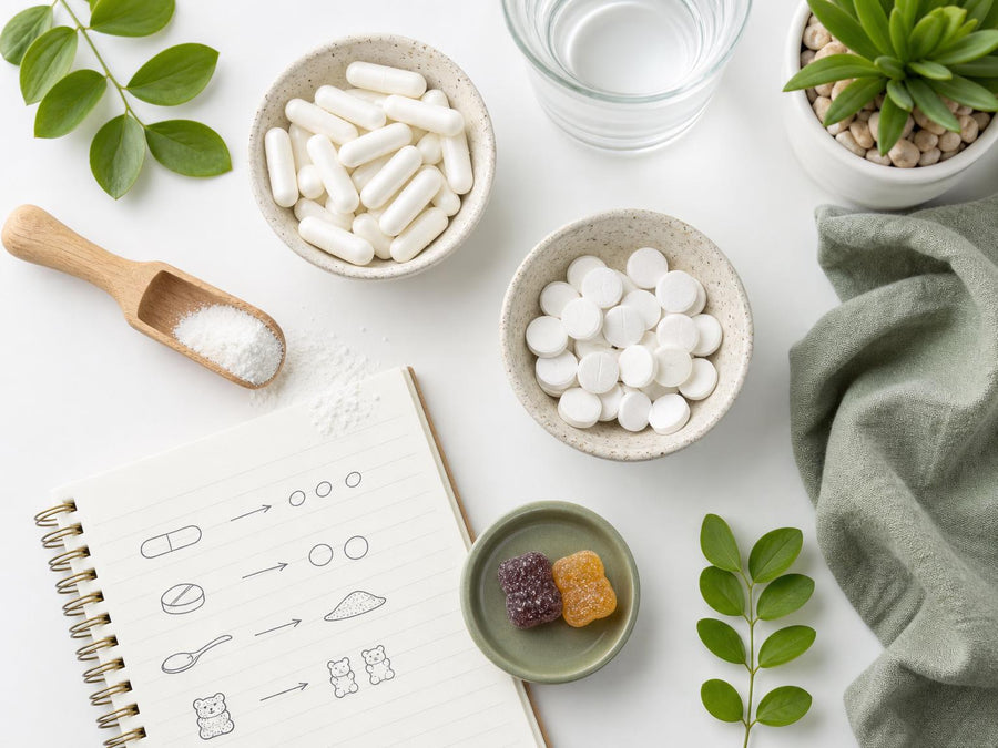 Top-down view of supplement varieties: capsules, tablets, powder and gummies on clean white table with green foliage