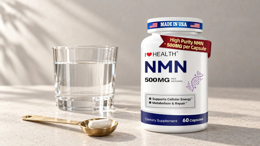 I Love Health NMN 500 mg bottle with a single capsule in a brass measuring spoon and a glass of water