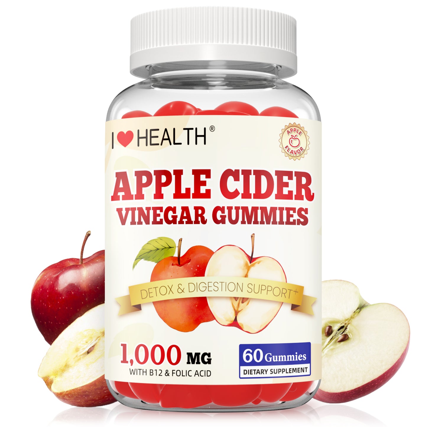 I Love Health Nature Fresh Apple Cider Vinegar Gummies - 60 Count | 1000mg ACV with Vitamin B6, B12, Folic Acid, Beetroot & Pomegranate | Gluten-Free, Vegan, Non-GMO | Low-Calorie, Delicious Apple Flavor