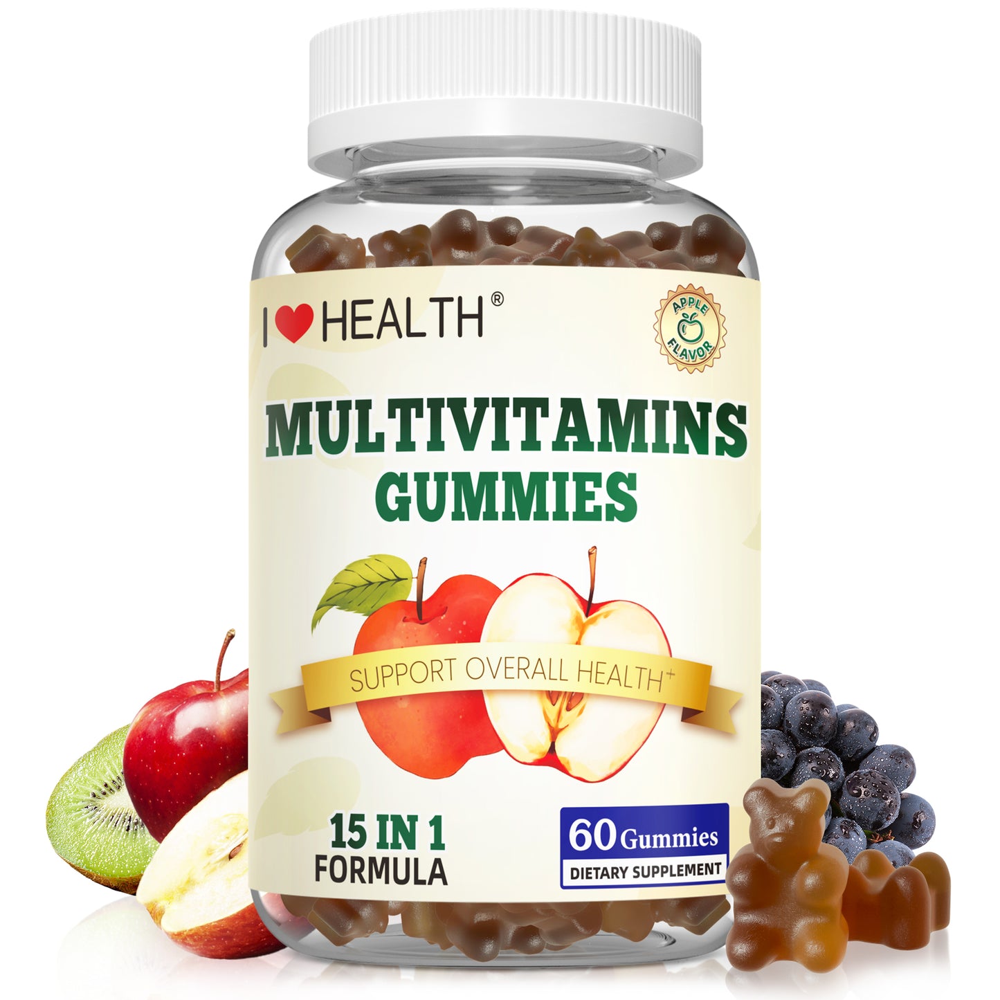 I Love Health® 15-in-1 Multivitamin Gummies for Adults & Kids - Enhanced Formula with Vitamin A, C, D3, E, B12, Zinc, Magnesium & More - Apple Flavor - 60 Gummies per Bottle - Made in cGMP Facility