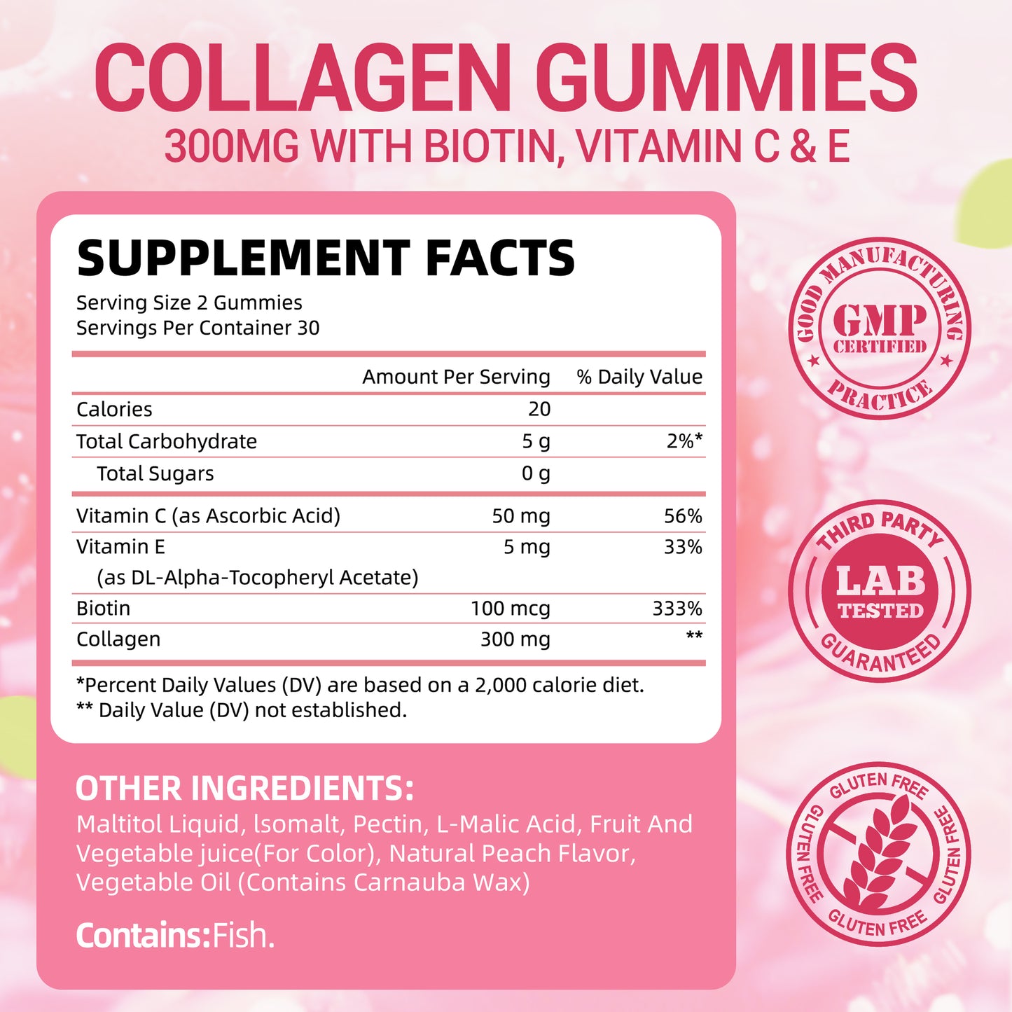 I Love Health® Collagen Gummies with Biotin, Vitamin C & E – 300mg Collagen + 100mcg Biotin per Serving – Supports Hair, Skin & Nails – 60 Gummies (Fish-Derived) – Made in cGMP Facility, 3rd Party Tested