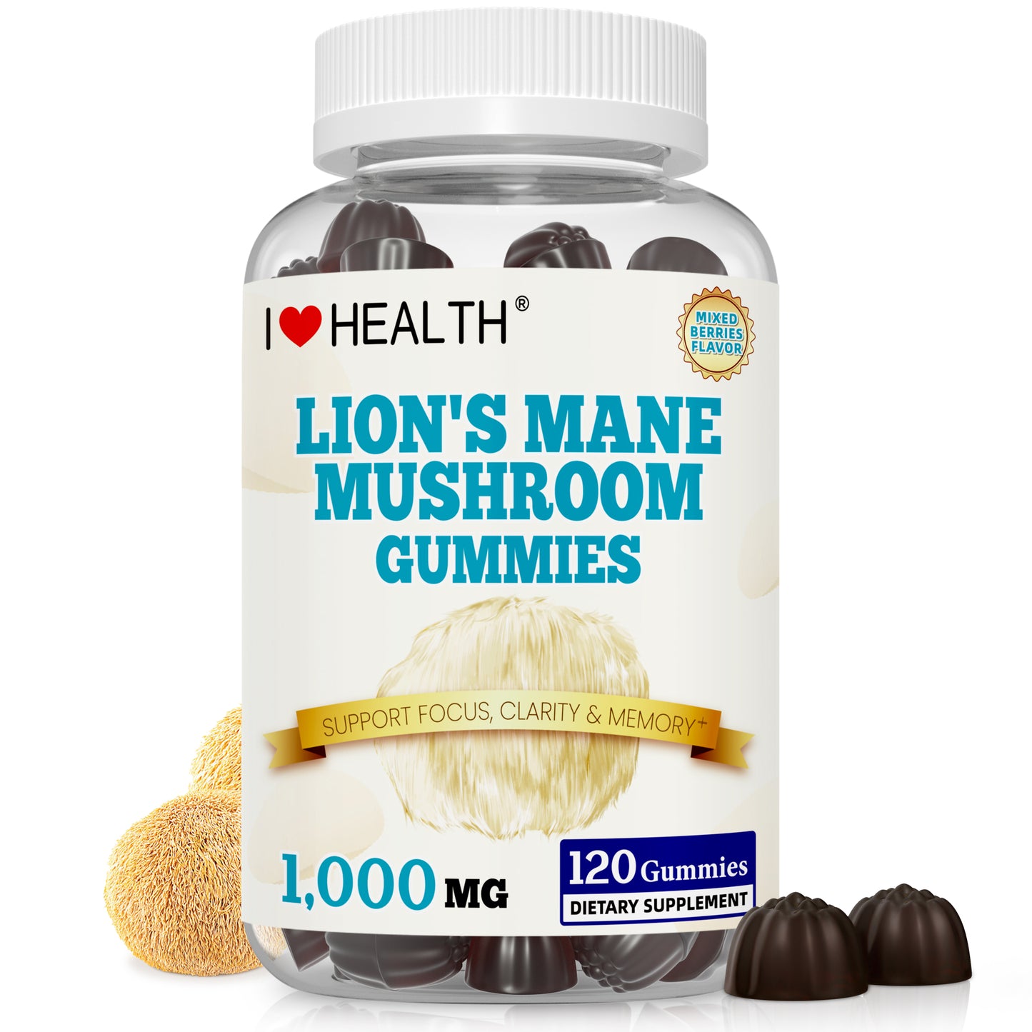 I Love Health Lion’s Mane Mushroom Extract 1000mg – 60 Gummies | Supports Cognitive Function & Mental Clarity | Natural Brain Health Supplement