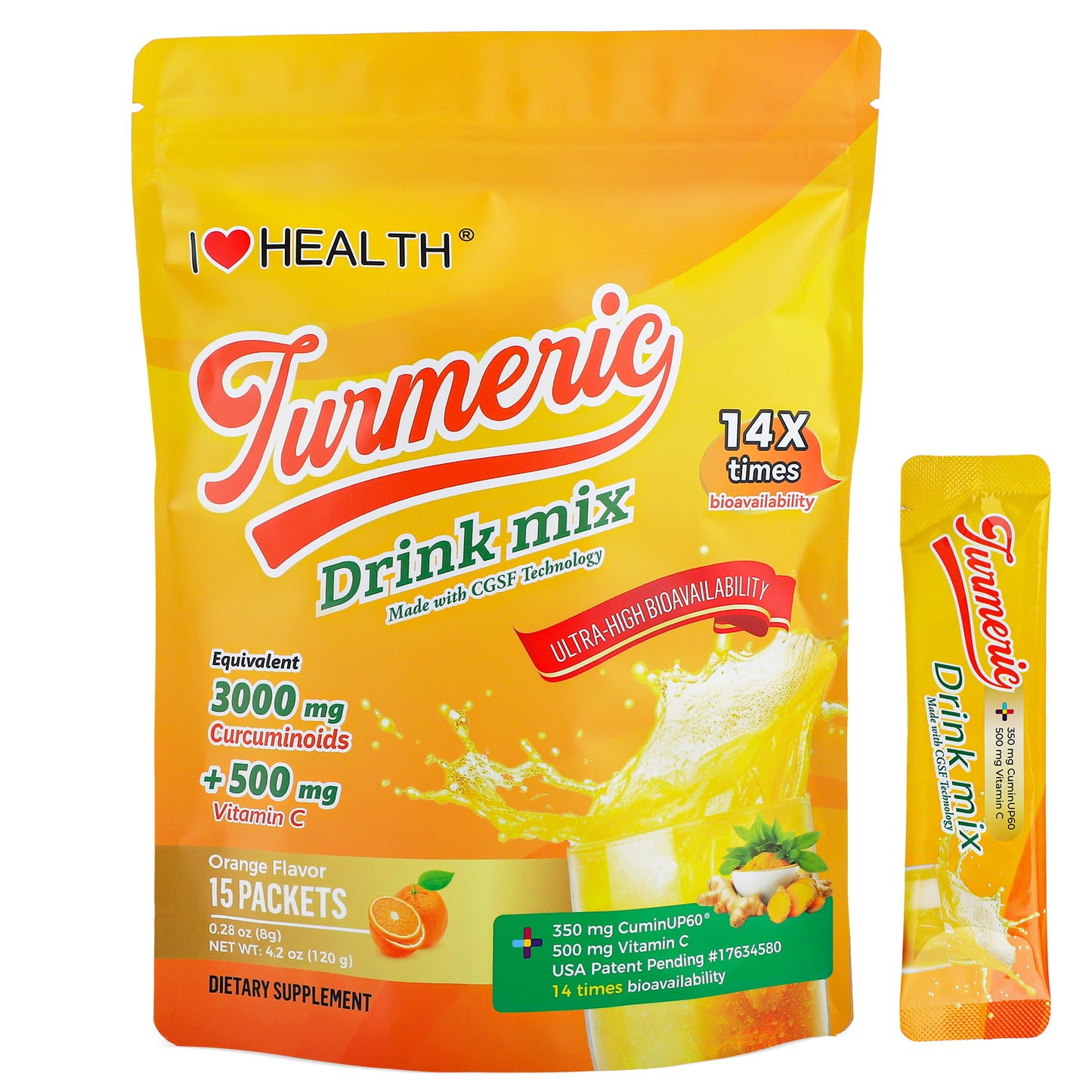 I Love Health Turmeric Drink Mix with 350mg CuminUP60® (3000mg Curcuminoids), 500mg Vitamin C, 100mg Blood Orange & Elderberry Powder | 14X Bioavailability, Immune Support, Anti-Inflammatory, Antioxidant | 15 Packets, Sugar-Free, Gluten-Free, Vegetarian