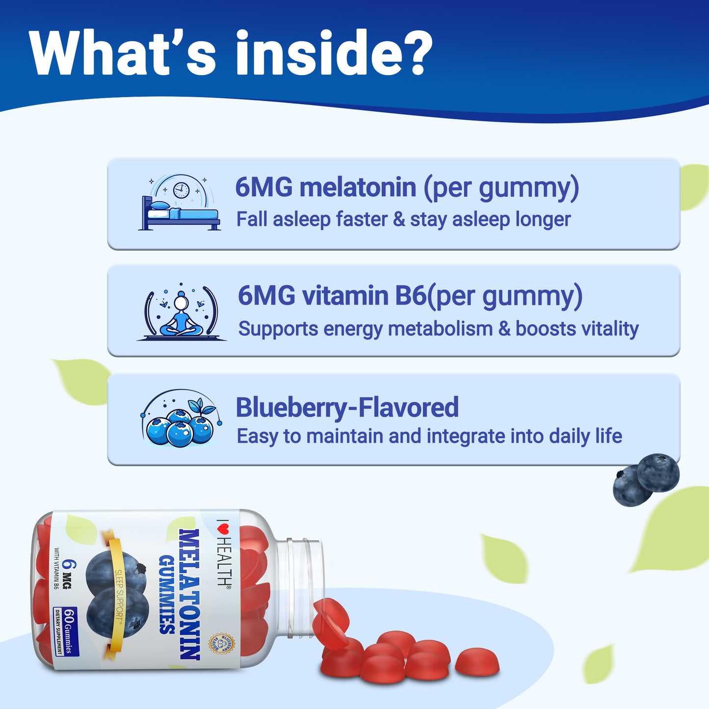 I Love Health Sleep Gummy | Melatonin 6mg + Vitamin B6 6mg Sleep Support Gummies with Natural Blueberry Flavor - Made in cGMP facility