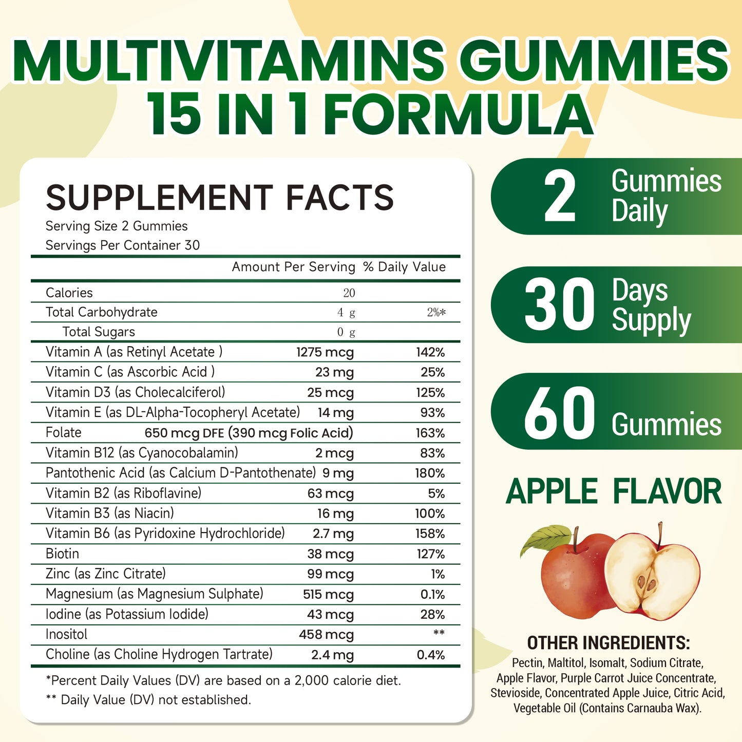 I Love Health® 15-in-1 Multivitamin Gummies for Adults & Kids - Enhanced Formula with Vitamin A, C, D3, E, B12, Zinc, Magnesium & More - Apple Flavor - 60 Gummies per Bottle - Made in cGMP Facility