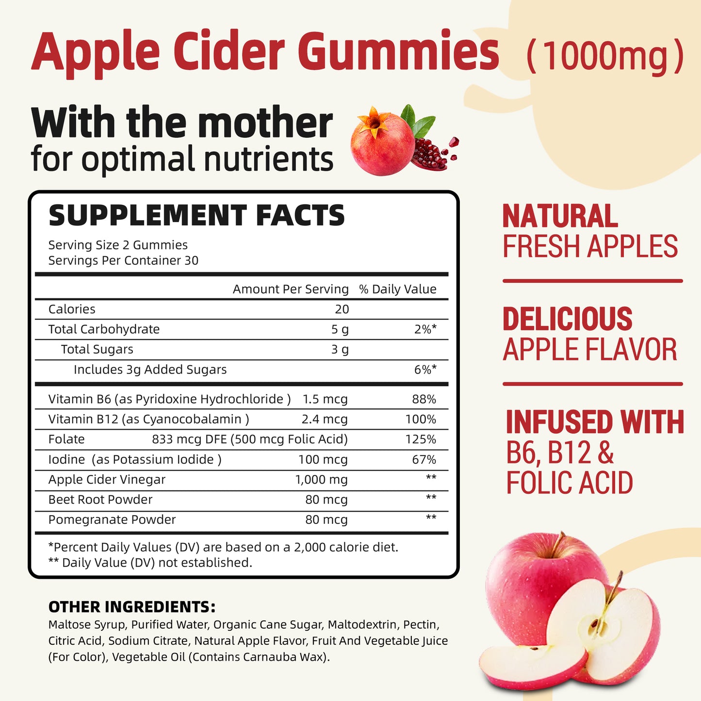 I Love Health Nature Fresh Apple Cider Vinegar Gummies - 60 Count | 1000mg ACV with Vitamin B6, B12, Folic Acid, Beetroot & Pomegranate | Gluten-Free, Vegan, Non-GMO | Low-Calorie, Delicious Apple Flavor