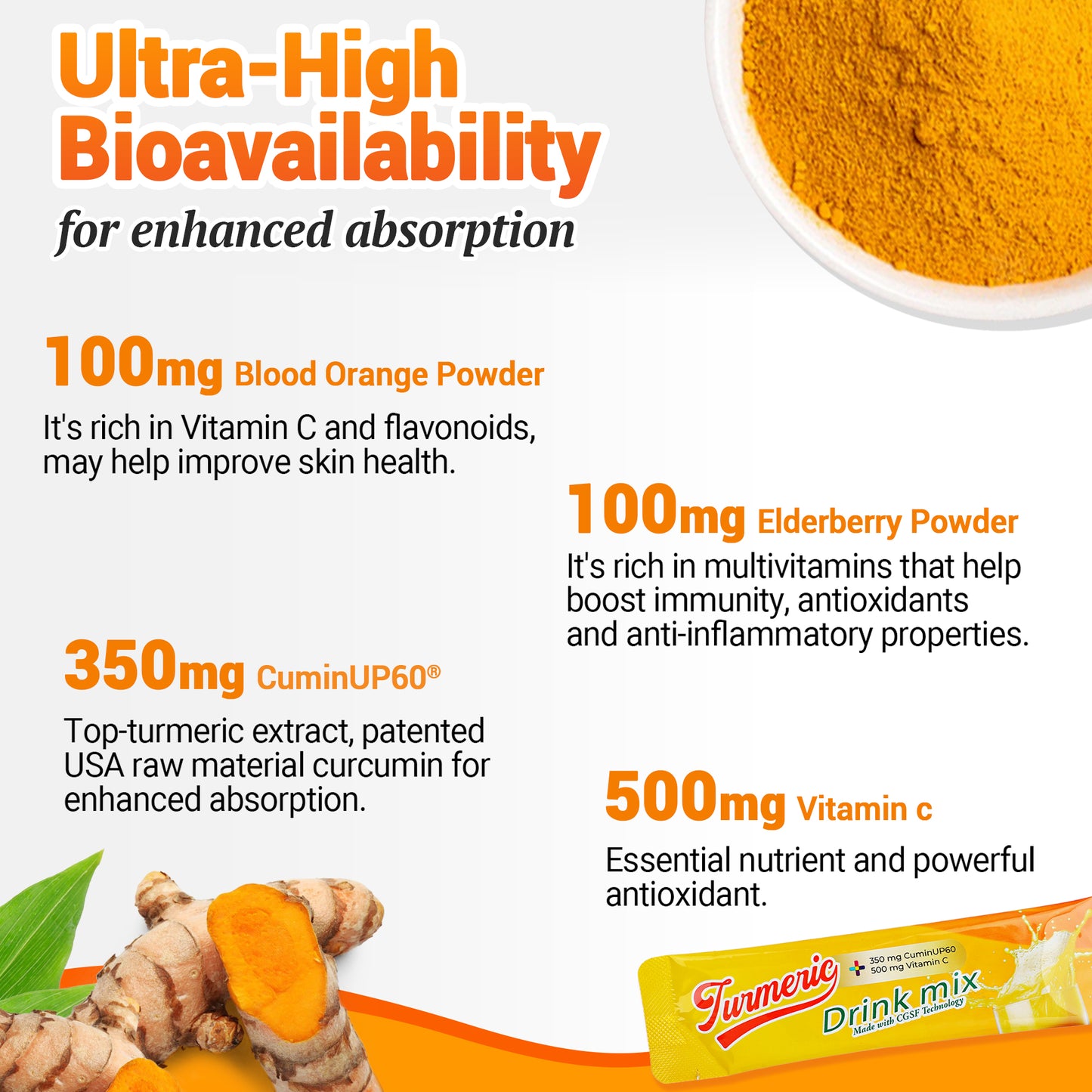 I Love Health Turmeric Drink Mix with 350mg CuminUP60® (3000mg Curcuminoids), 500mg Vitamin C, 100mg Blood Orange & Elderberry Powder | 14X Bioavailability, Immune Support, Anti-Inflammatory, Antioxidant | 15 Packets, Sugar-Free, Gluten-Free, Vegetarian