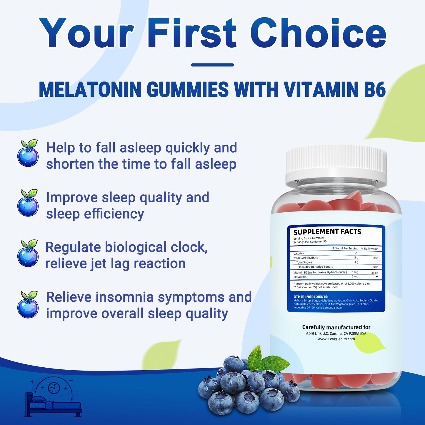 I Love Health Sleep Gummy | Melatonin 6mg + Vitamin B6 6mg Sleep Support Gummies with Natural Blueberry Flavor - Made in cGMP facility