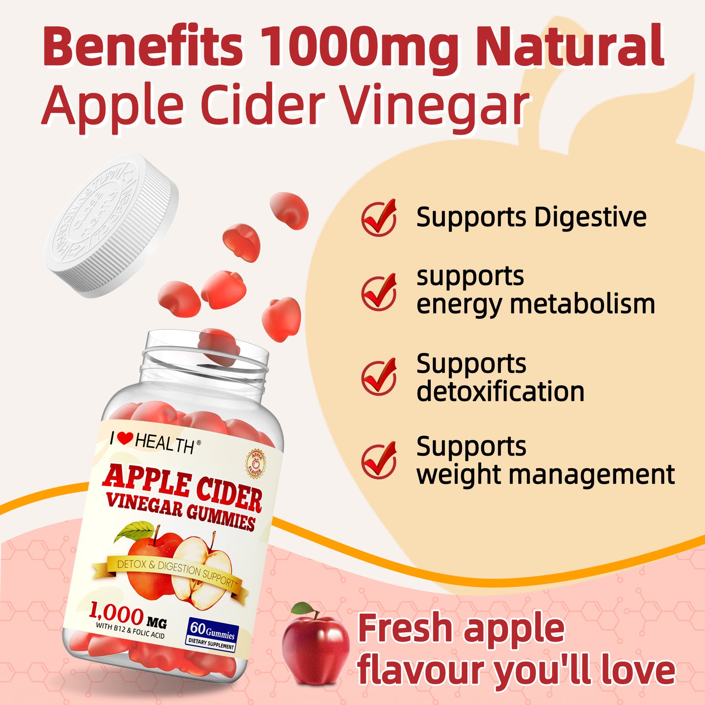 I Love Health Nature Fresh Apple Cider Vinegar Gummies - 60 Count | 1000mg ACV with Vitamin B6, B12, Folic Acid, Beetroot & Pomegranate | Gluten-Free, Vegan, Non-GMO | Low-Calorie, Delicious Apple Flavor