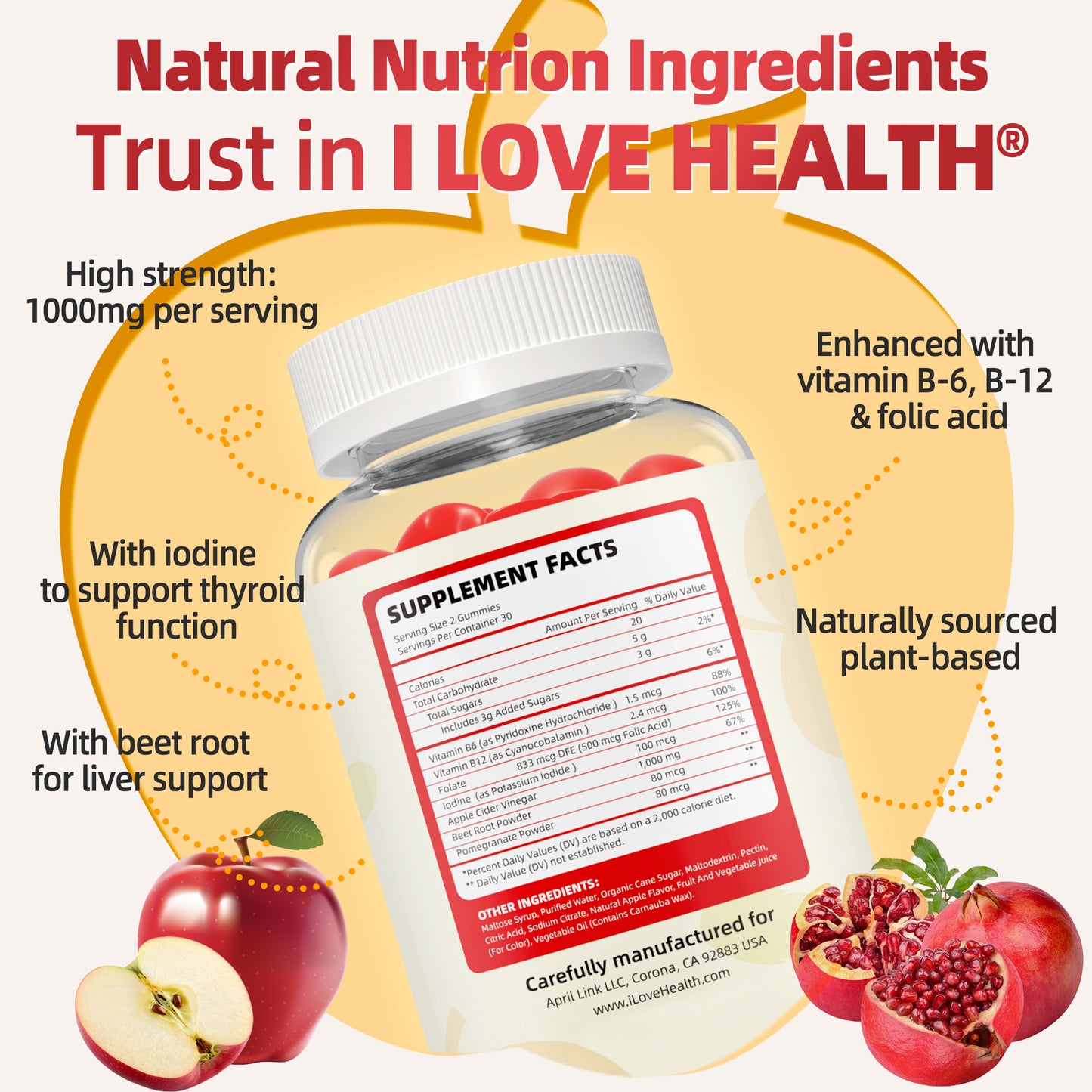 I Love Health Nature Fresh Apple Cider Vinegar Gummies - 60 Count | 1000mg ACV with Vitamin B6, B12, Folic Acid, Beetroot & Pomegranate | Gluten-Free, Vegan, Non-GMO | Low-Calorie, Delicious Apple Flavor