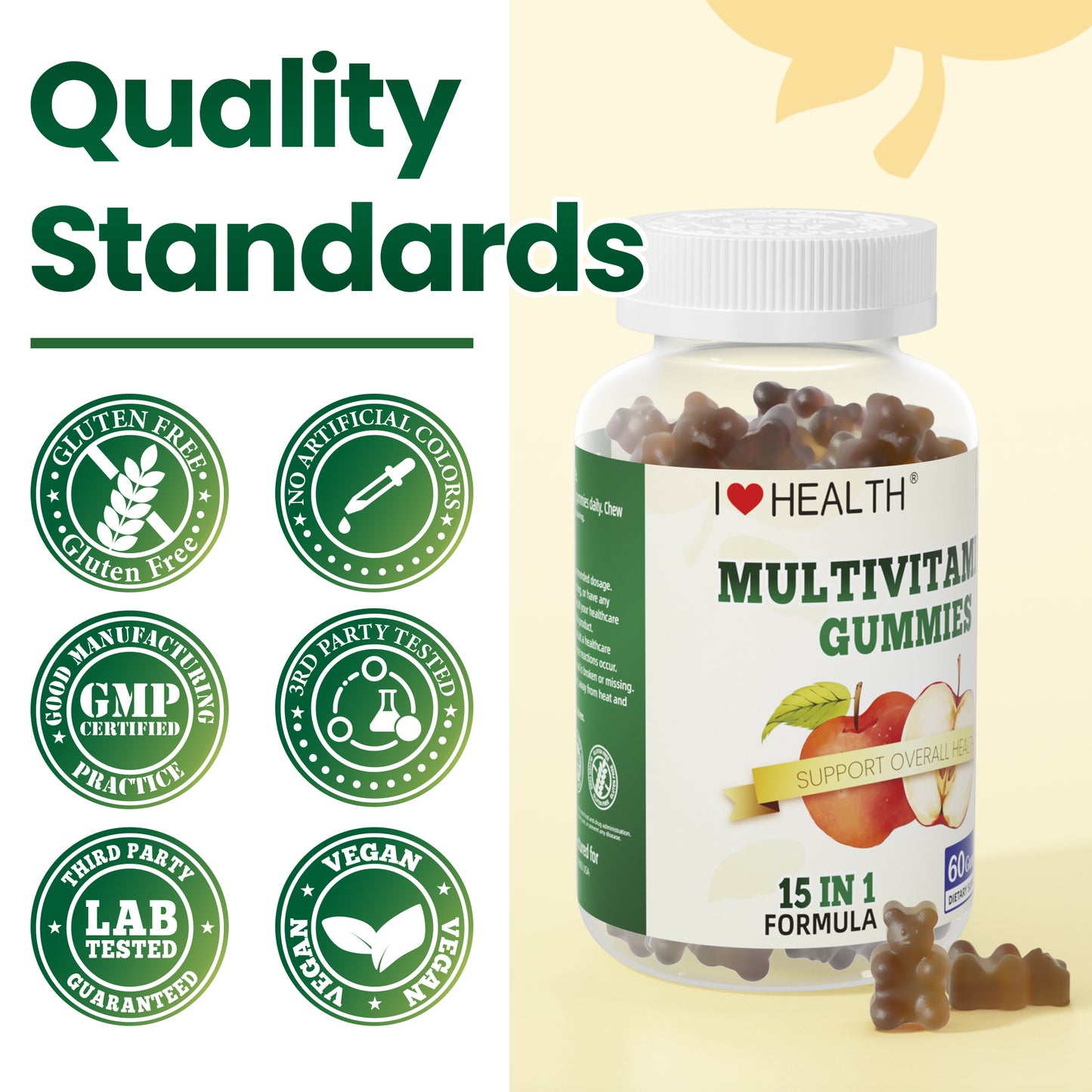 I Love Health® 15-in-1 Multivitamin Gummies for Adults & Kids - Enhanced Formula with Vitamin A, C, D3, E, B12, Zinc, Magnesium & More - Apple Flavor - 60 Gummies per Bottle - Made in cGMP Facility