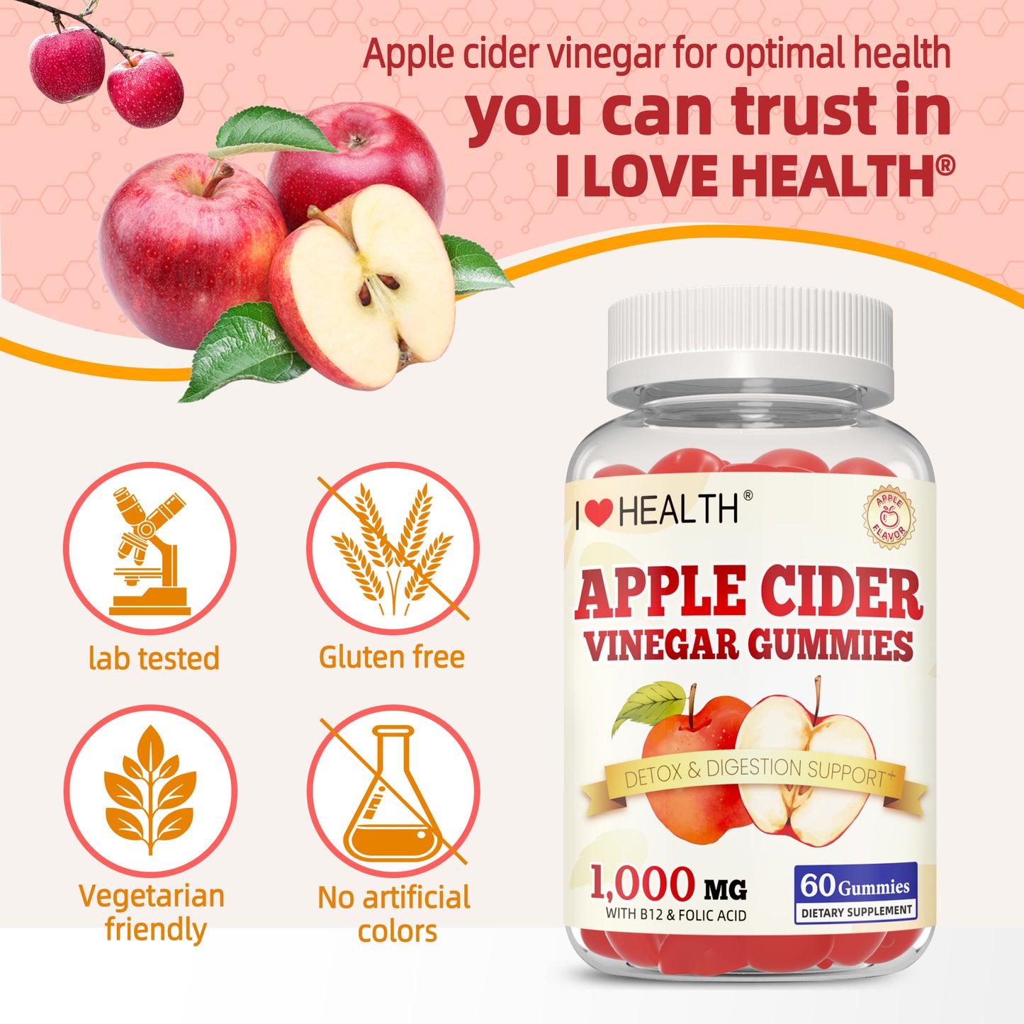 I Love Health Nature Fresh Apple Cider Vinegar Gummies - 60 Count | 1000mg ACV with Vitamin B6, B12, Folic Acid, Beetroot & Pomegranate | Gluten-Free, Vegan, Non-GMO | Low-Calorie, Delicious Apple Flavor