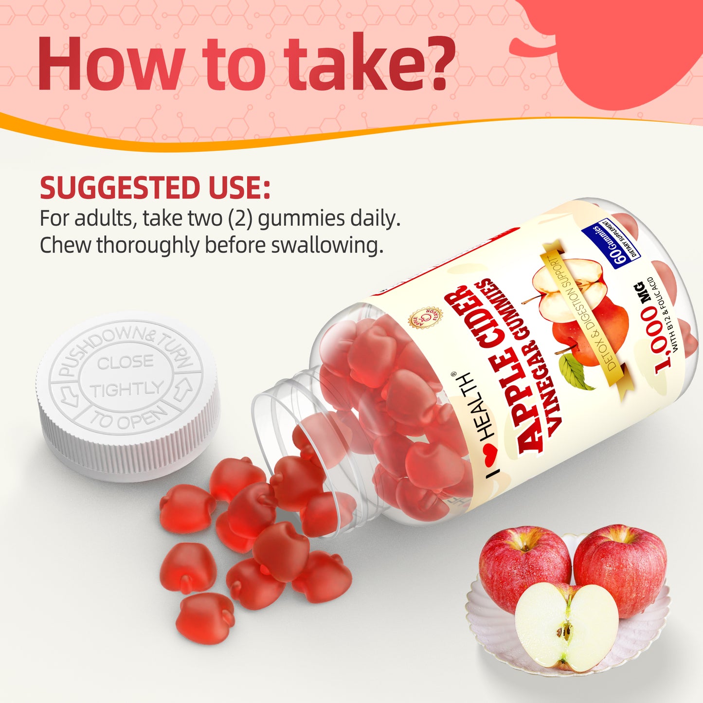 I Love Health Nature Fresh Apple Cider Vinegar Gummies - 60 Count | 1000mg ACV with Vitamin B6, B12, Folic Acid, Beetroot & Pomegranate | Gluten-Free, Vegan, Non-GMO | Low-Calorie, Delicious Apple Flavor