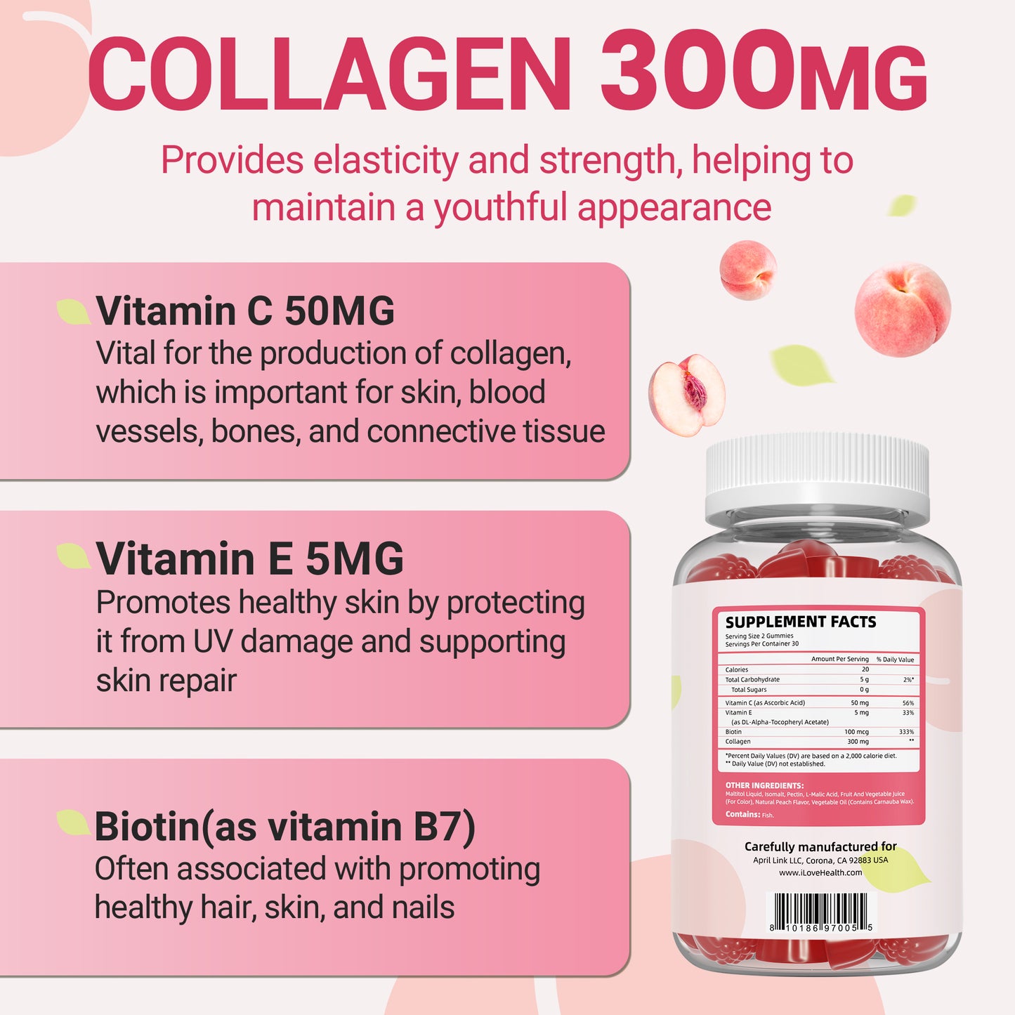 I Love Health® Collagen Gummies with Biotin, Vitamin C & E – 300mg Collagen + 100mcg Biotin per Serving – Supports Hair, Skin & Nails – 60 Gummies (Fish-Derived) – Made in cGMP Facility, 3rd Party Tested
