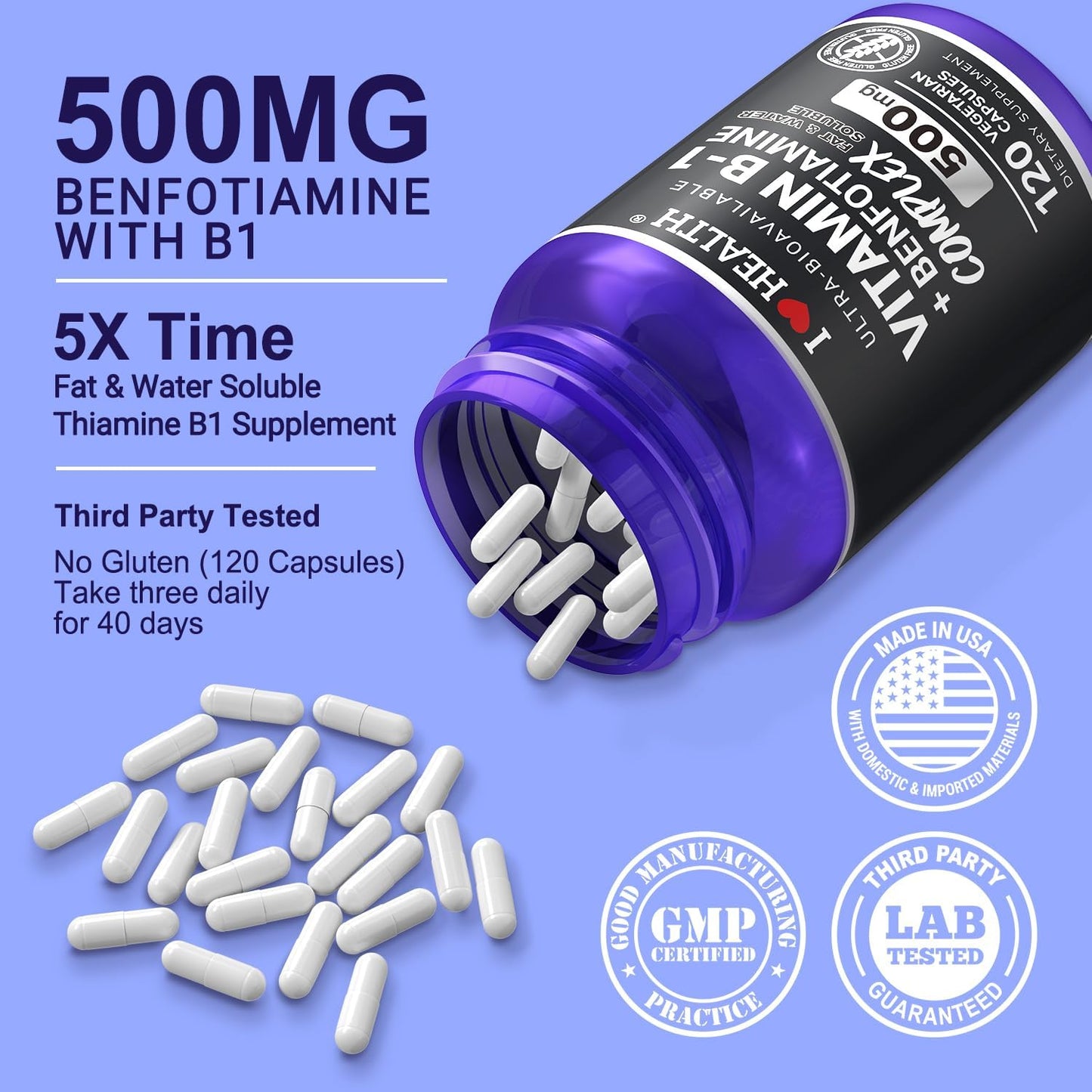 I Love Health Vitamin B1 500mg with Benfotiamine 20mg, 120 Capsules – 2 in 1 B-1 Complex Enhanced Formula – Fat & Water Soluble Thiamine B1 Supplement – Third Party Lab Tested, Non-GMO, No Gluten, MADE In USA