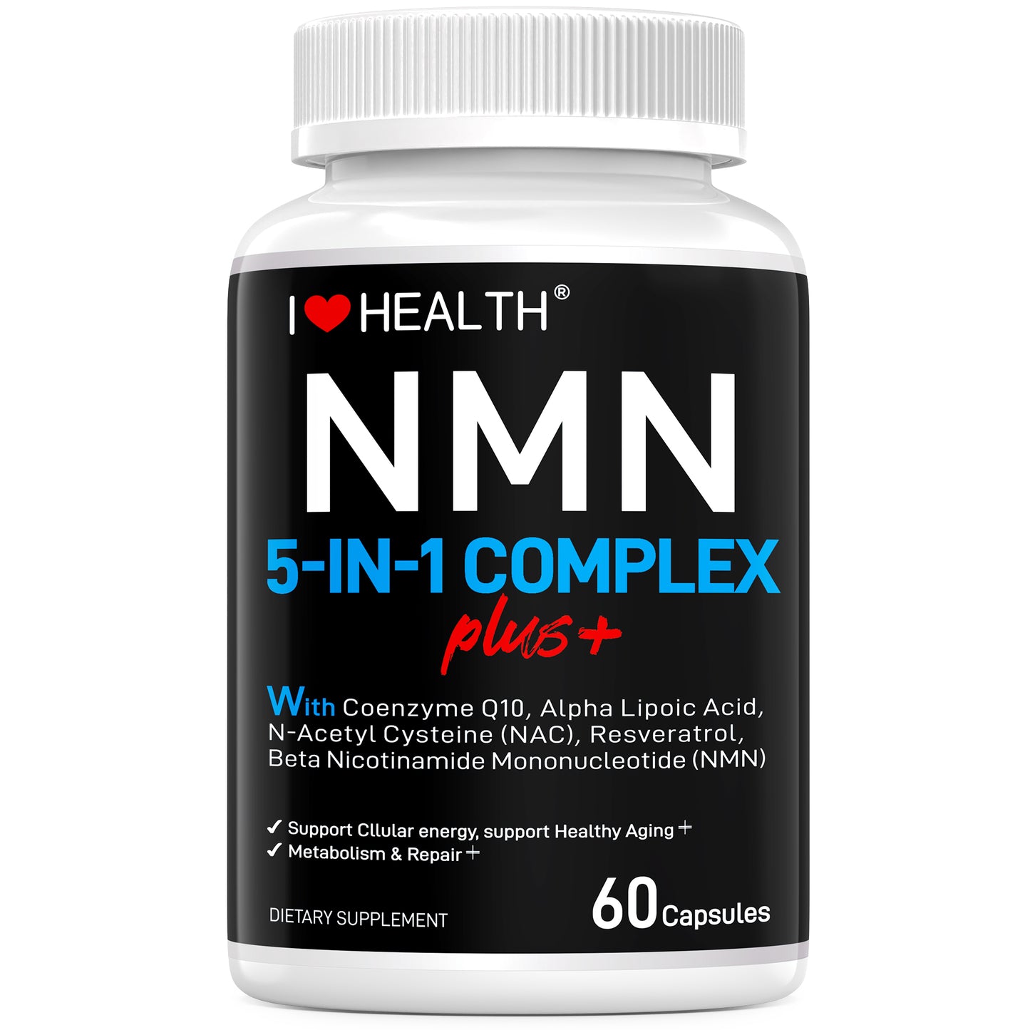 I Love Health NMN Complex Plus+ for Women & Men W/ NAC, Alpha Lipoic Acid, NMN, Coenzyme Q10, Resveratrol | 60 Capsules | Supports Energy,Anti-Aging, Antioxidant & Cellular Health