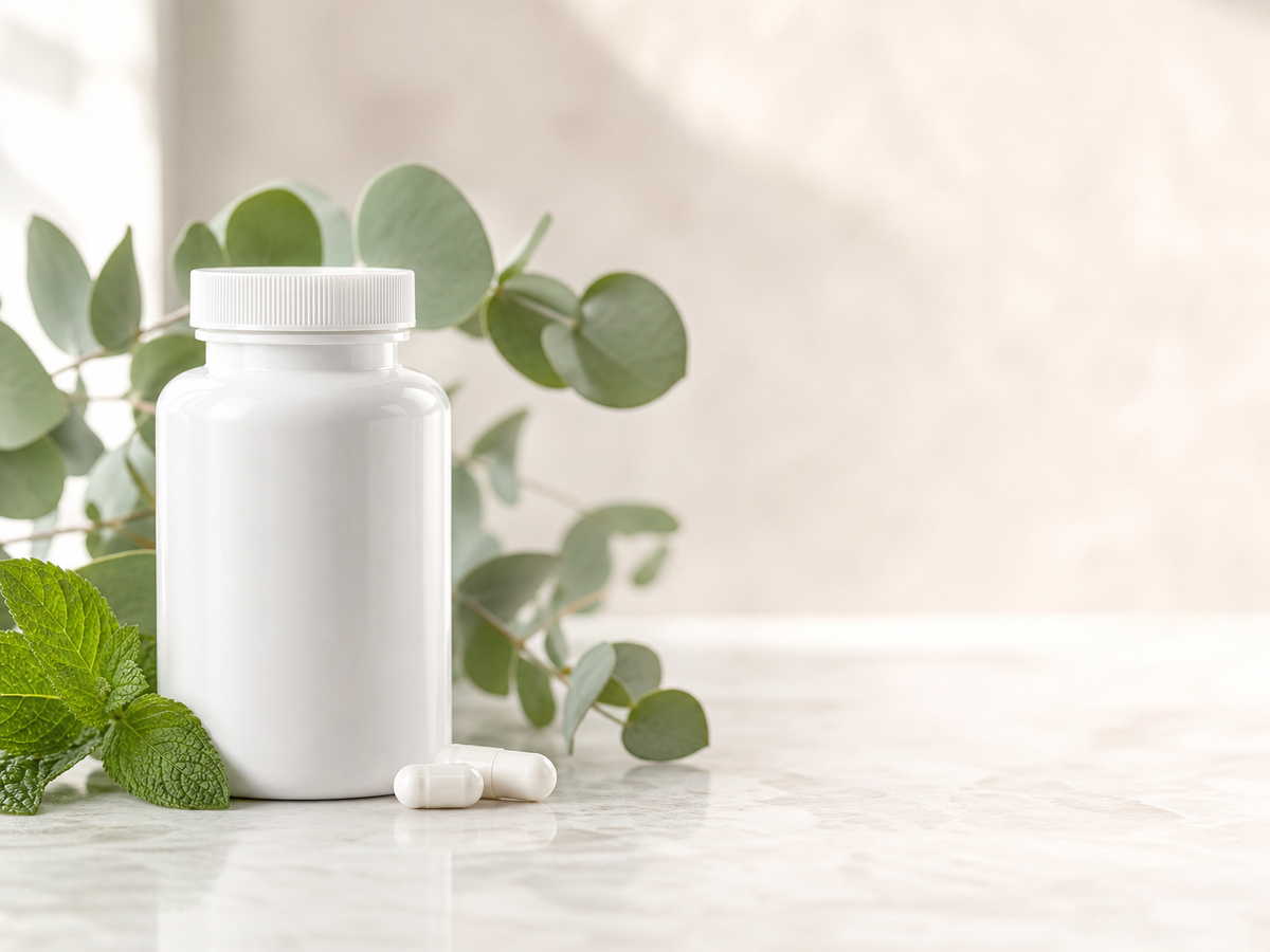 White supplement bottle with capsule pills, fresh eucalyptus and mint leaves on marble table, natural magnesium glycinate wellness product mockup