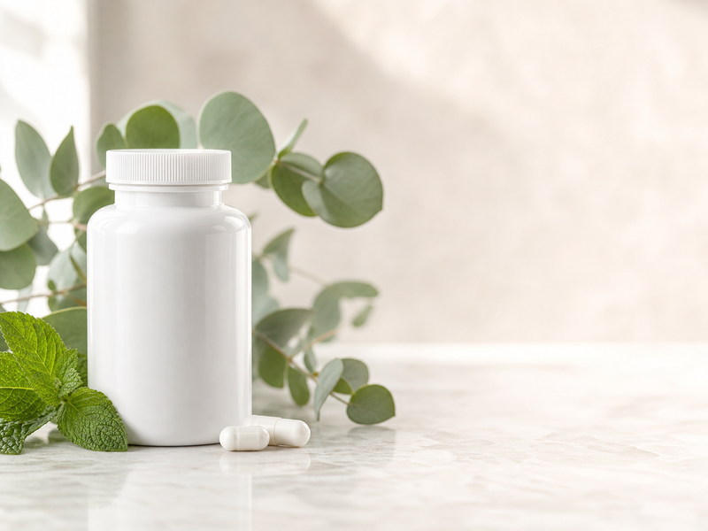 White supplement bottle with capsule pills, fresh eucalyptus and mint leaves on marble table, natural magnesium glycinate wellness product mockup