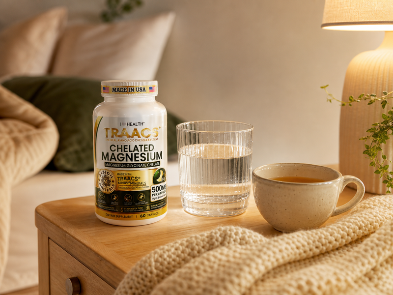 I Love Health TRAACS chelated magnesium supplement bottle on wooden nightstand with water glass and warm drink, cozy bedroom wellness scene
