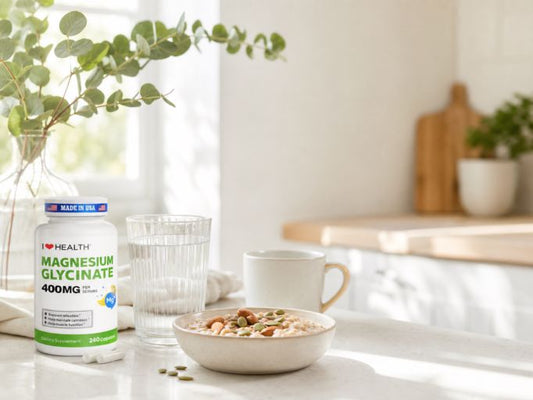 I LOVE HEALTH Magnesium Glycinate 400mg supplement bottle on bright kitchen counter with oatmeal and glass water