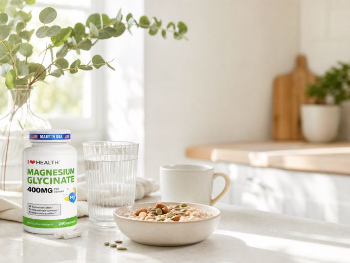 I LOVE HEALTH Magnesium Glycinate 400mg supplement bottle on bright kitchen counter with oatmeal and glass water