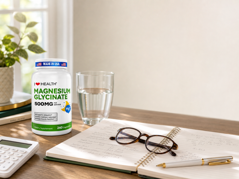 I LOVE HEALTH magnesium glycinate 500mg supplement bottle on wooden desk with notebook, glasses and glass water, home office supplement planning scene