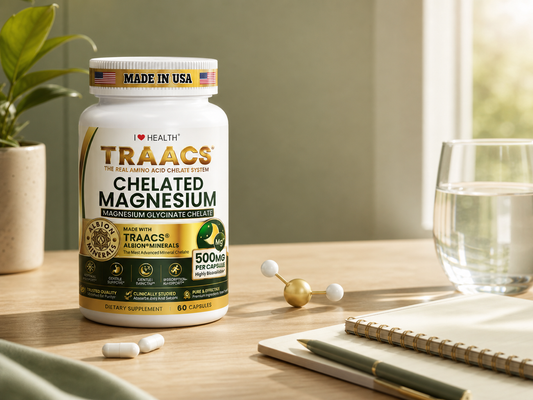 I LOVE HEALTH TRAACS chelated magnesium glycinate supplement bottle on wooden table with capsules, glass of water and houseplant for mineral wellness support