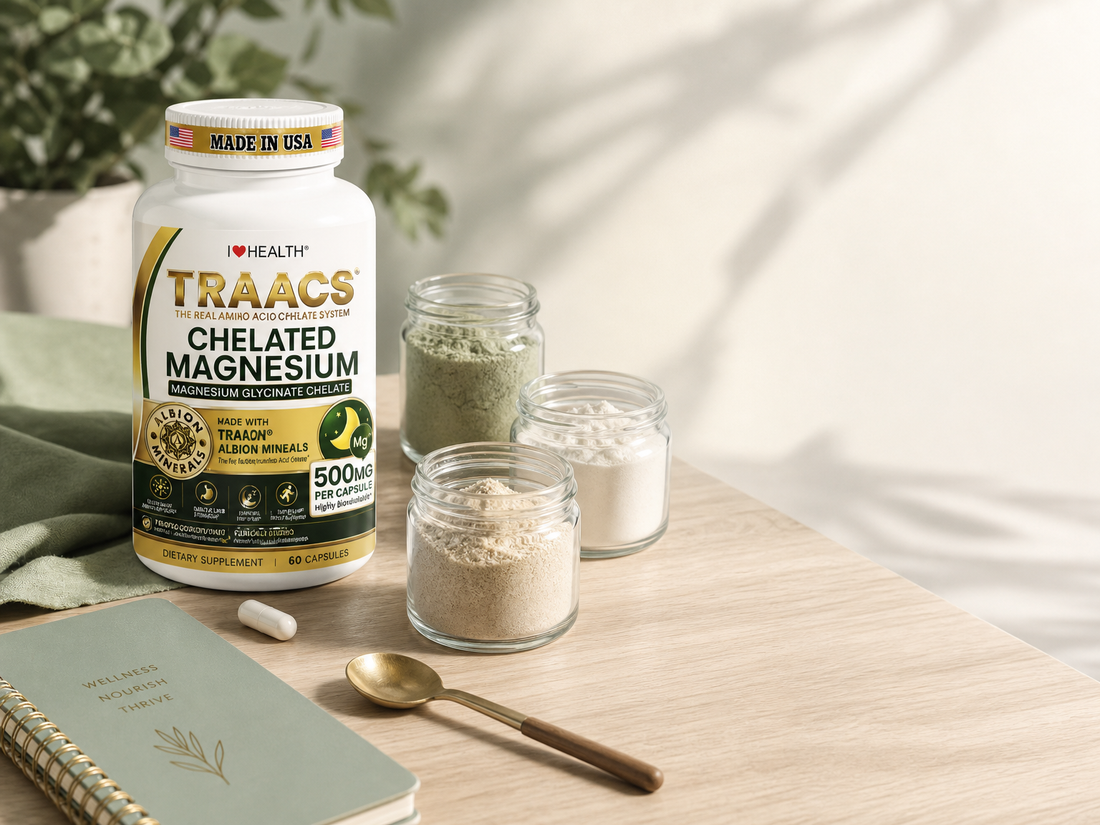 I LOVE HEALTH TRAACS chelated magnesium glycinate bottle beside glass jars of magnesium powder variants on light wooden table, supplement product shot
