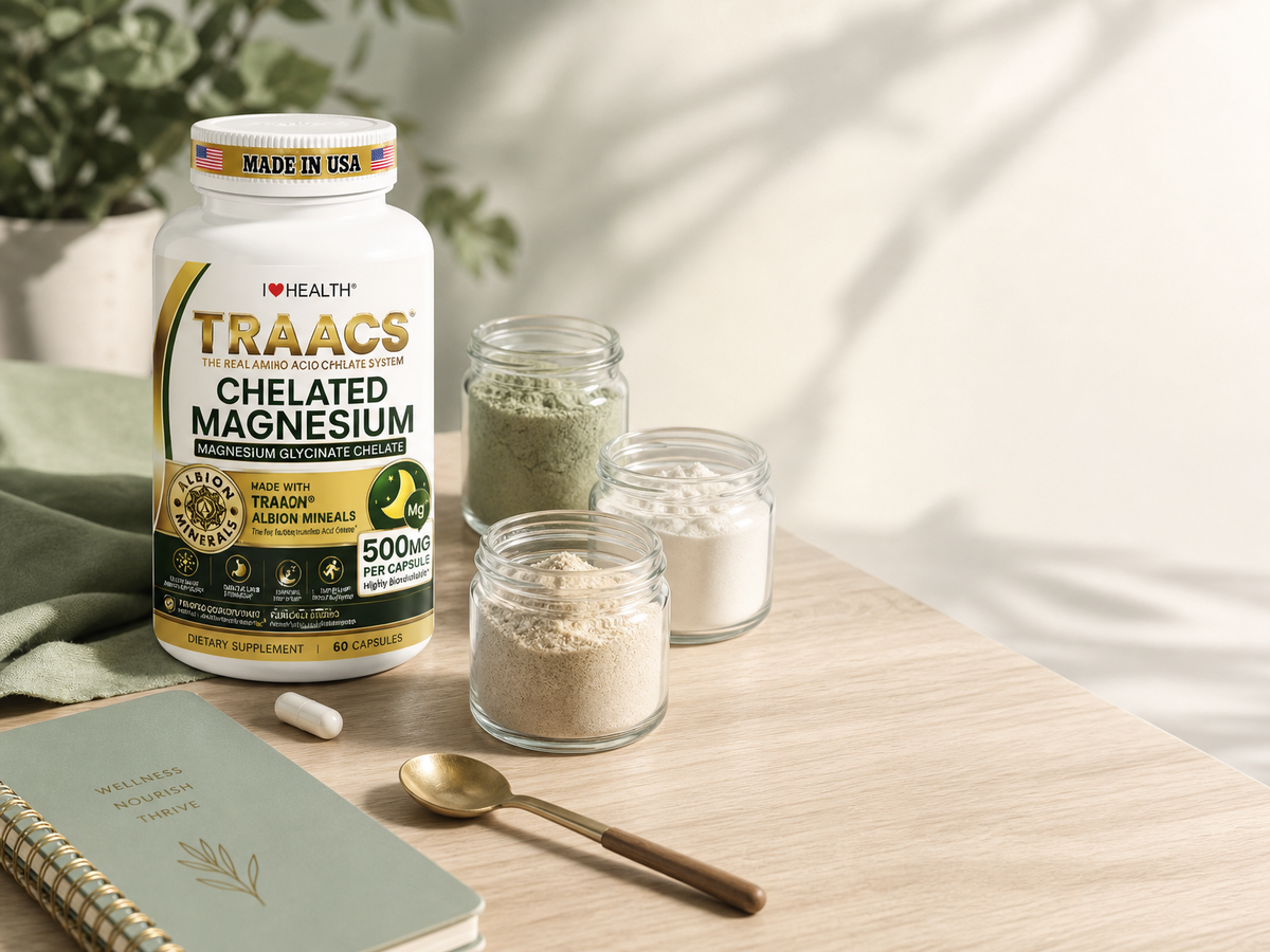 I LOVE HEALTH TRAACS chelated magnesium glycinate bottle beside glass jars of magnesium powder variants on light wooden table, supplement product shot