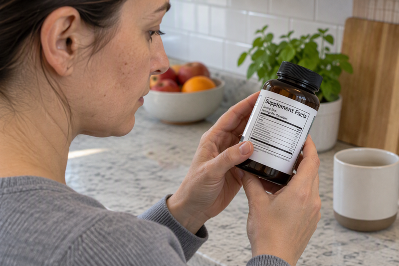 Person turns an unbranded supplement bottle to inspect its Supplement Facts panel beside a notebook.