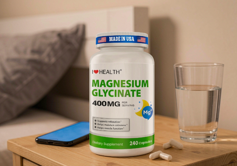 I LOVE HEALTH Magnesium Glycinate 400mg bottle on bedroom nightstand with water glass