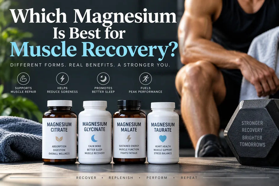 Magnesium citrate, glycinate, malate and taurate bottles lined up under a muscle recovery headline with benefit icons.
