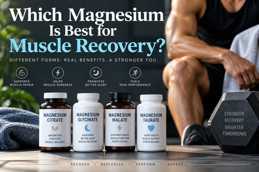 Magnesium citrate, glycinate, malate and taurate bottles lined up under a muscle recovery headline with benefit icons.