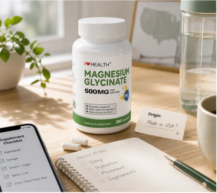 Magnesium glycinate 500mg bottle on wooden table with capsules