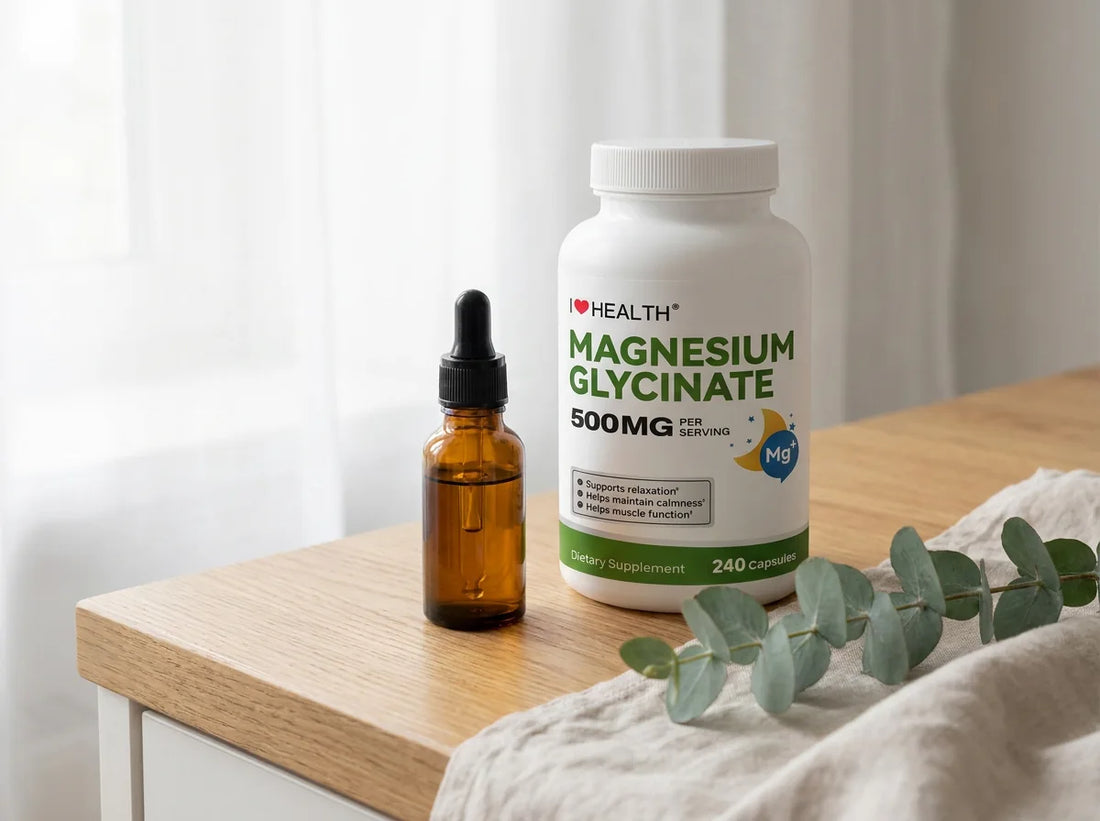I Love Health Magnesium Glycinate 500mg 240 capsule bottle on an oak counter beside an amber dropper bottle of liquid liposomal supplement
