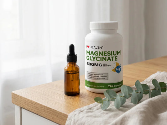 I Love Health Magnesium Glycinate 500mg 240 capsule bottle on an oak counter beside an amber dropper bottle of liquid liposomal supplement