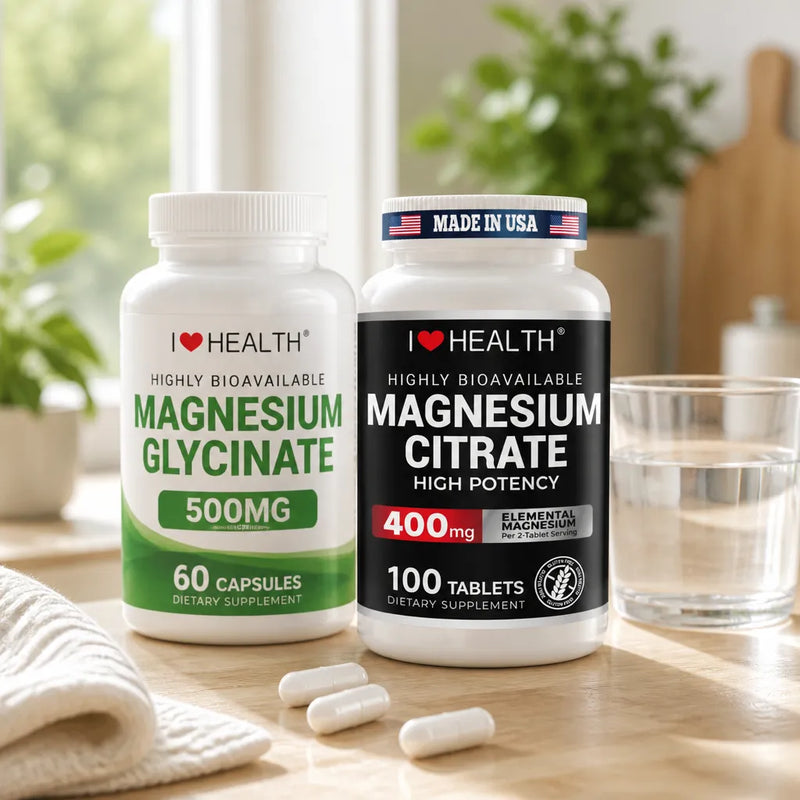 Magnesium glycinate and magnesium citrate supplement bottles side‑by‑side