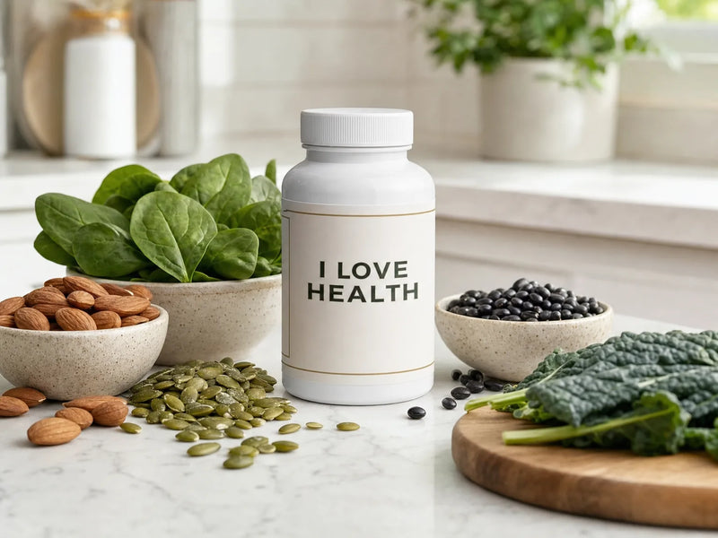 Magnesium glycinate supplement bottle with magnesium-rich foods including spinach, almonds, pumpkin seeds, and kale.