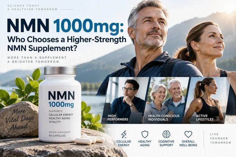 Article cover: NMN 1000mg bottle on rock, smiling gray-haired man, mountain lake, and benefit icons.