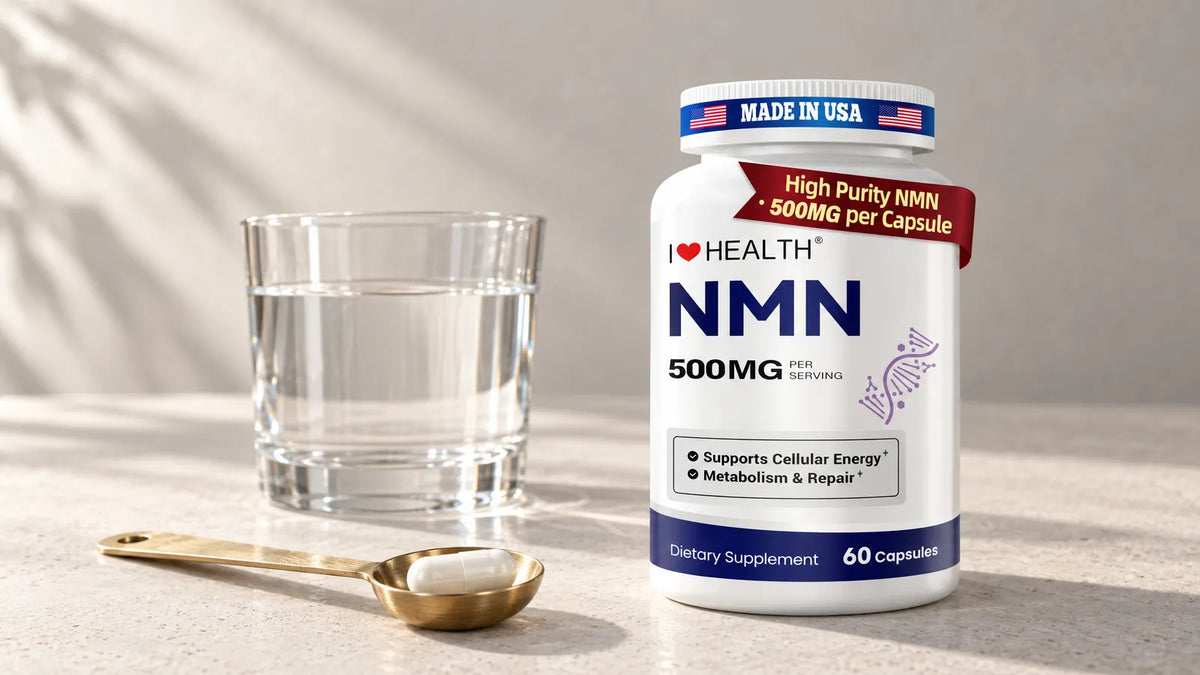 I Love Health NMN 500 mg bottle with a single capsule in a brass measuring spoon and a glass of water