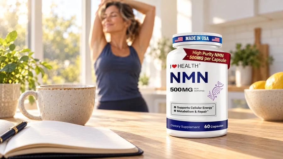 I Love Health NMN 500 mg bottle on a sunlit kitchen counter beside a cup of tea and an open notebook