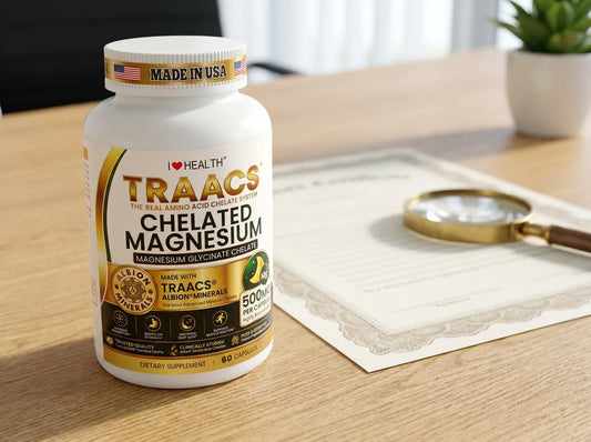 I Love Health TRAACS Chelated Magnesium bottle on an oak desk beside a certificate document and a brass magnifying glass