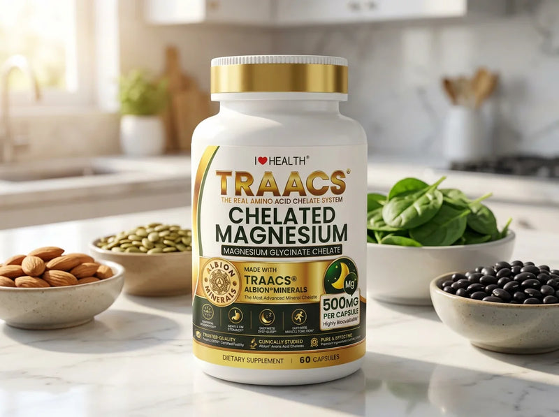 I Love Health TRAACS Chelated Magnesium bottle on a marble counter with bowls of almonds, pumpkin seeds, spinach and black beans