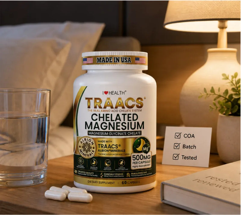 Ilovehealth TRAACS chelated magnesium bottle on nightstand bedtime scene