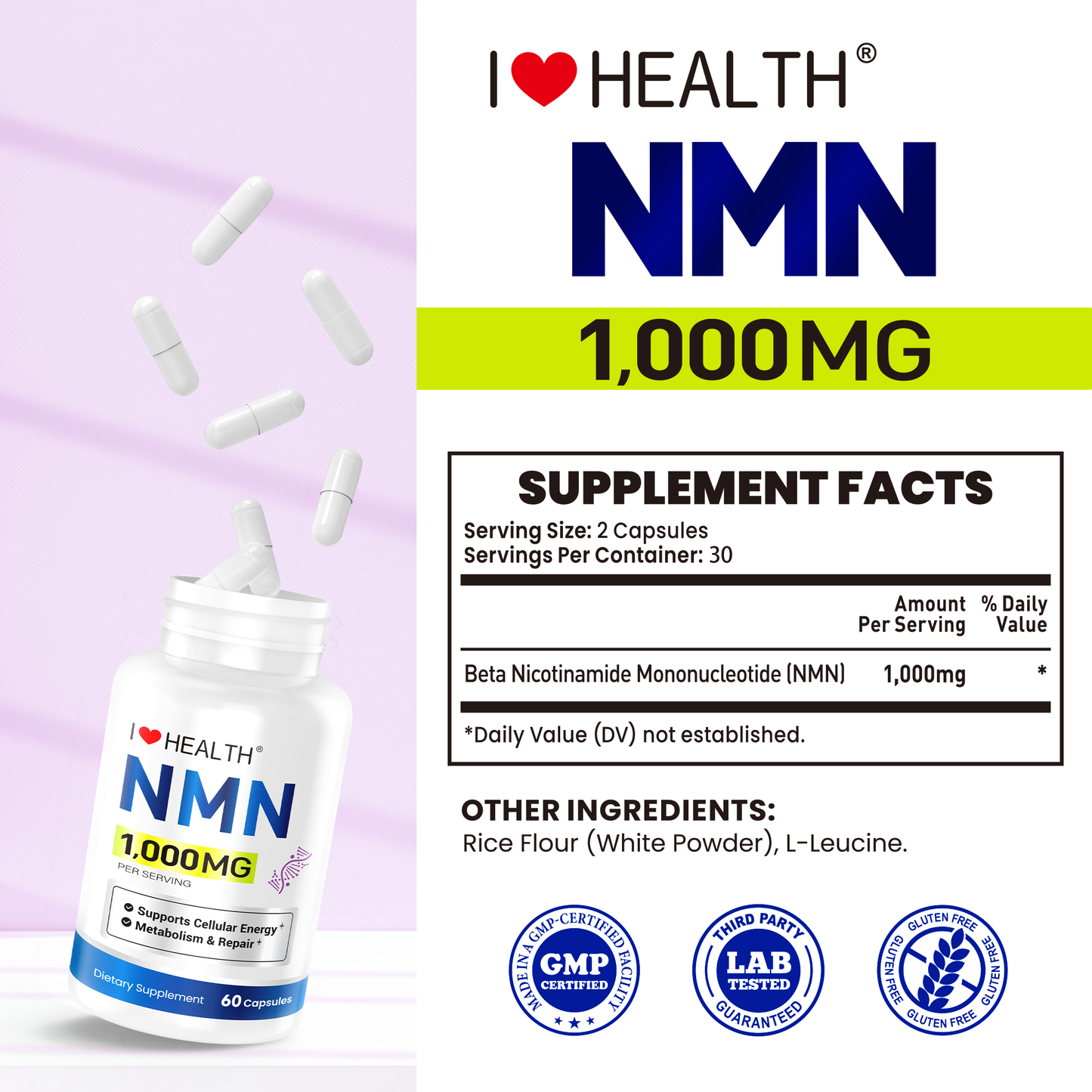 NMN 1000mg Supplement Per Serving,99.9% Pure Nicotinamide Mononucleotide,NAD+ Support Cellular Energy & Healthy Aging for Men & Women,60 Capsules(30-Day Supply),Third-Party Tested,cGMP
