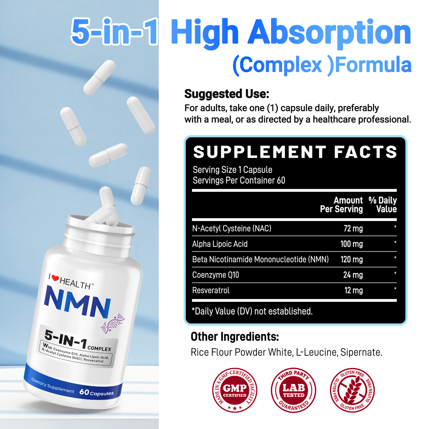 I Love Health NMN 5-In-1 Complex Plus+ for Women & Men W/ NAC, Alpha Lipoic Acid, NMN, Coenzyme Q10, Resveratrol | 60 Capsules | Supports Energy,Anti-Aging, Antioxidant & Cellular Health