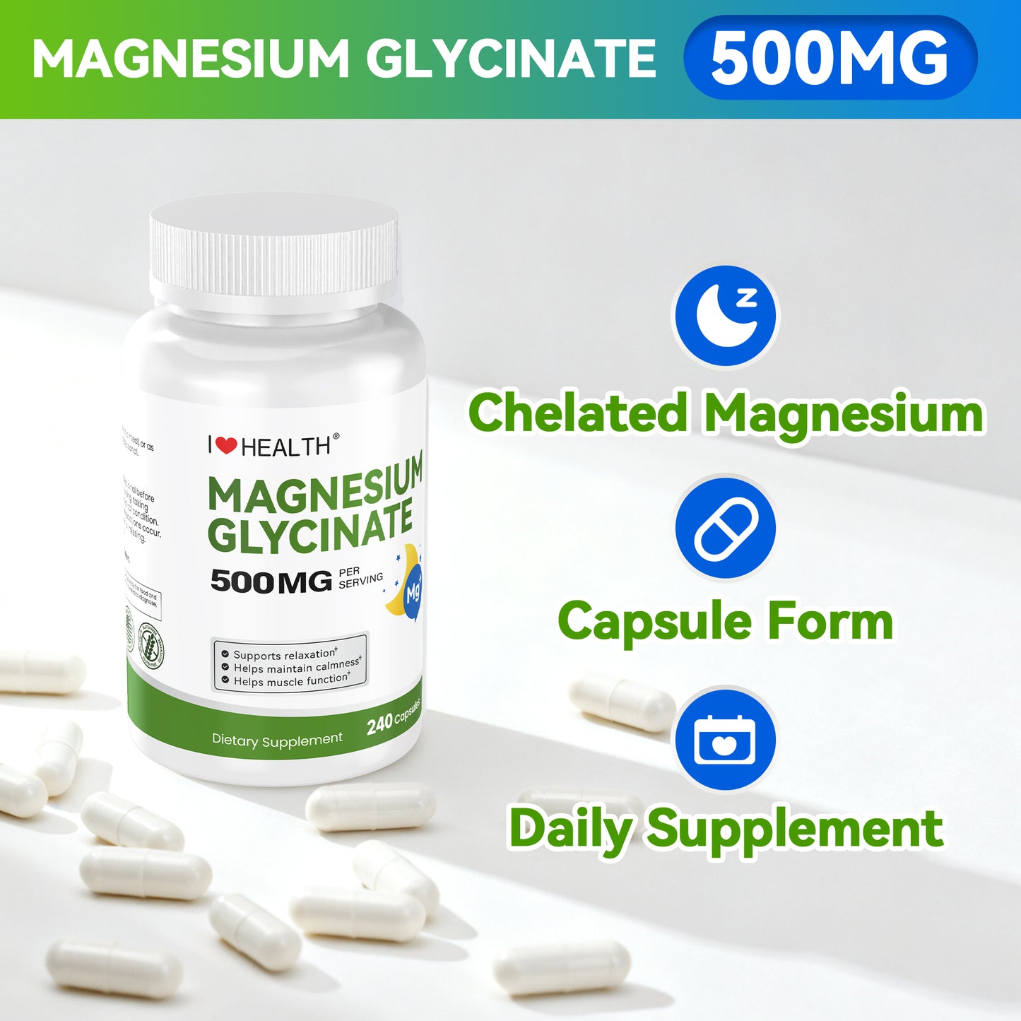 Magnesium Glycinate 500mg per Capsule – 240 Capsules – High Absorption Magnesium Supplement for Relaxation, Calmness & Muscle Support – Gentle on Stomach – Made in USA