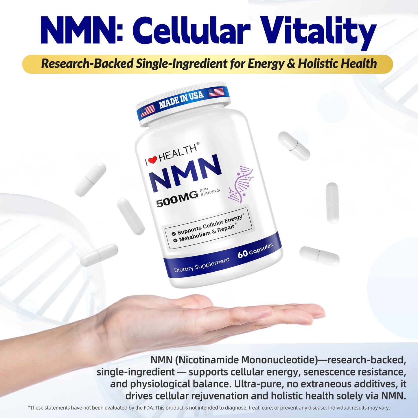 NMN 500mg – 99.9% Pure NMN Supplement, Boost NAD+ Levels, Cellular Energy & Healthy Aging Support, 60 Capsules, Third-Party Tested, NSF cGMP, Made in USA