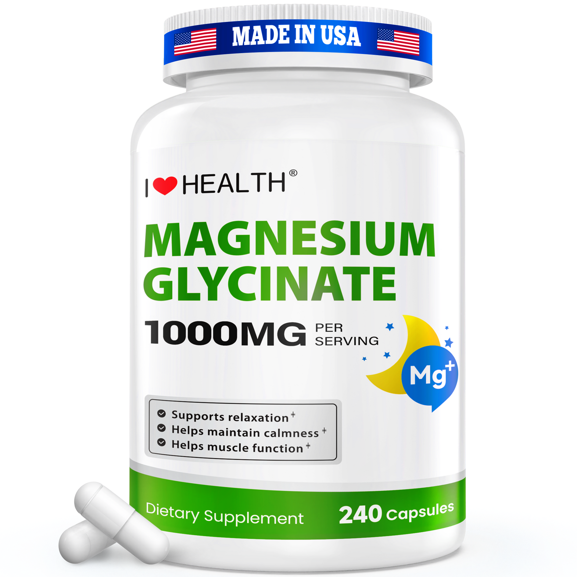 Magnesium glycinate 1000mg supplement bottle, 240 capsules, made in USA