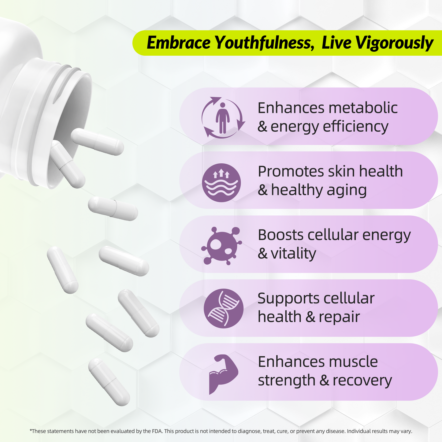 NMN 1000mg Supplement Per Serving,99.9% Pure Nicotinamide Mononucleotide,NAD+ Support Cellular Energy & Healthy Aging for Men & Women,60 Capsules(30-Day Supply),Third-Party Tested,cGMP